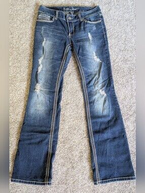Ariya Jeans Size 7/8 Low Rise Flare Embroidered Distressed Holy Dark Blue Denim.